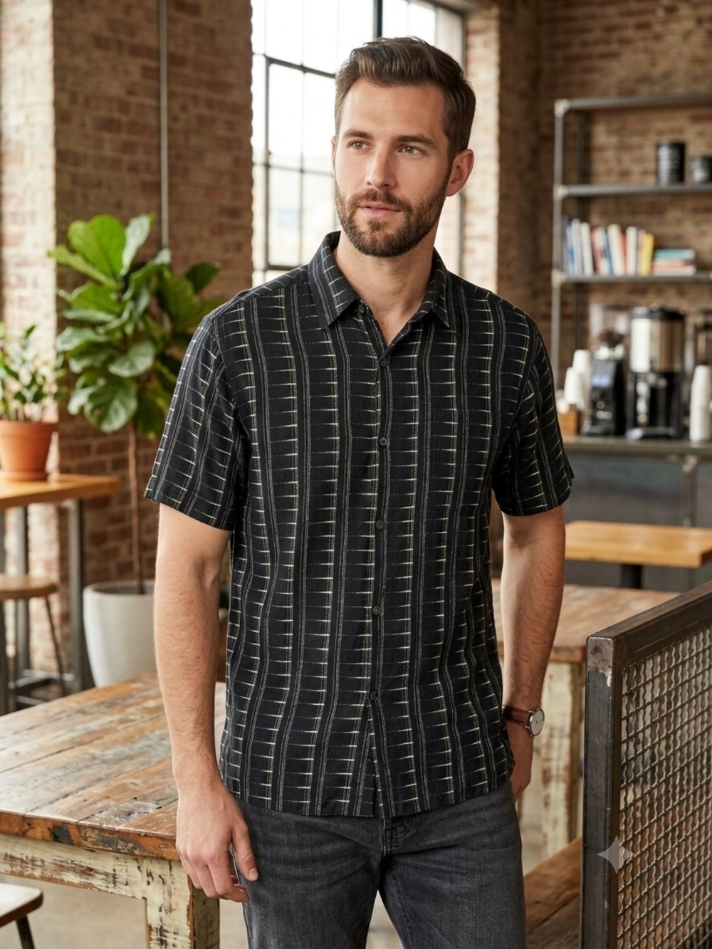 Axcess Claiborne Mens Large Rayon Button Up Shirt Black Vertical Pattern SS